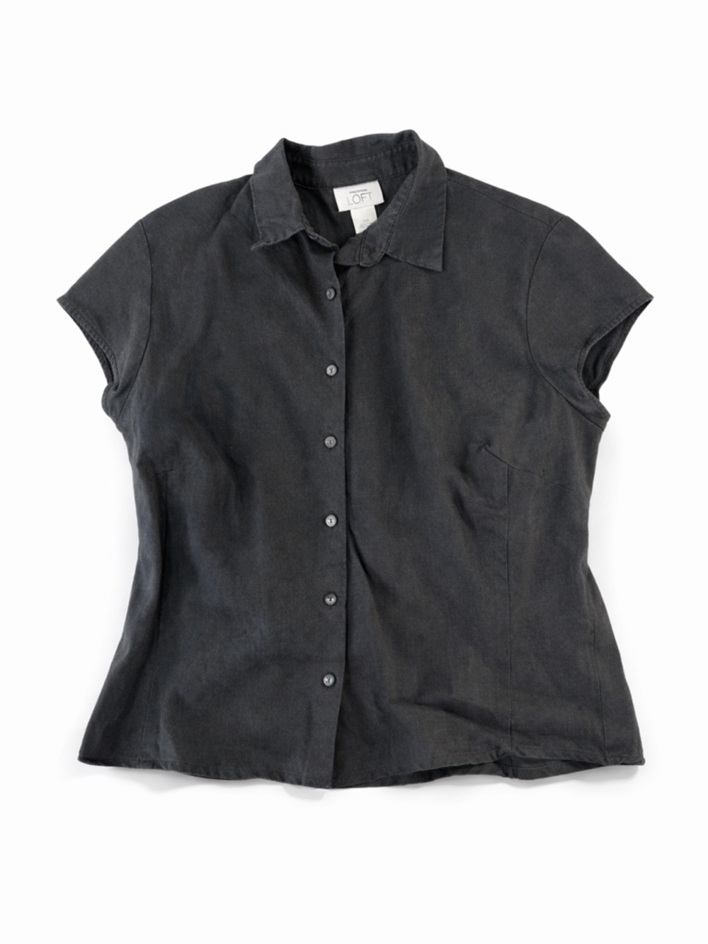 Ann Taylor LOFT 100% Linen Button Front Blouse Black Short Sleeve Petite 14P